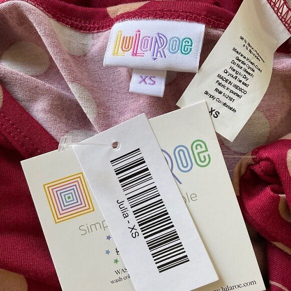 LuLaRoe Julia Dark Red Tan Polka Dot Short Sleeve Sheath Dress XS NWT - Picture 4 of 4